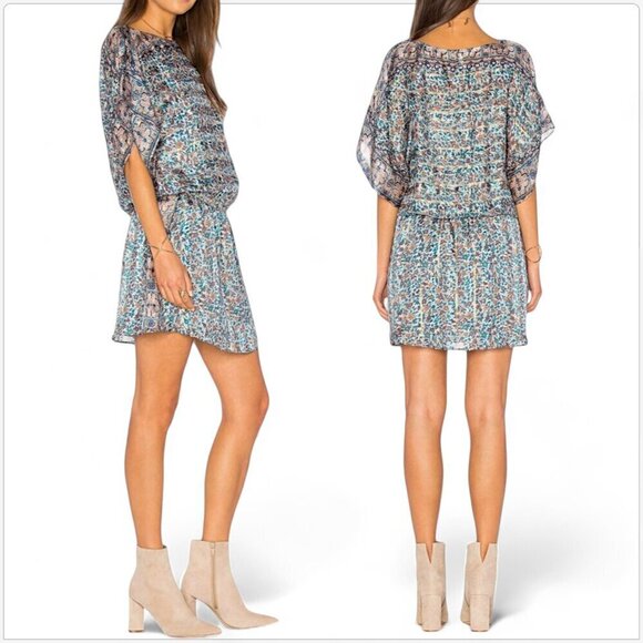 JOIE Sofinne Dusty Mink Boho Silk Floral Blouson Metallic Mini Dress NEW NWT XS - Picture 2 of 7